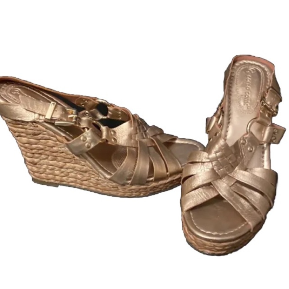 Corso Como Rose Metallic Leather Straw Braided Wedge Espadrilles Sandals 8